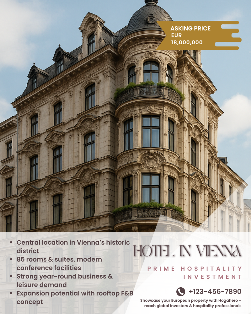 Real estate advertisement template for a historic European hotel investment in Vienna. Ornate façade with arched windows and domed rooftop, asking price EUR 18,000,000, investment highlights listed below the image.