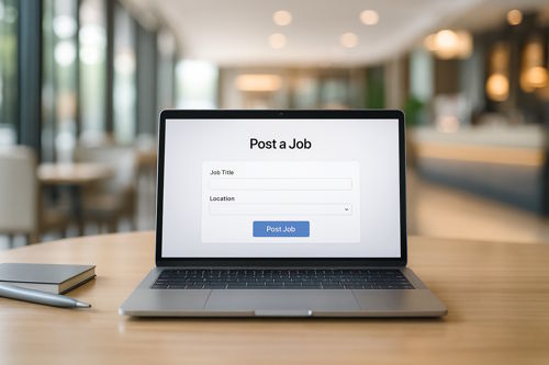 Laptop displaying a job posting form in a hospitality setting