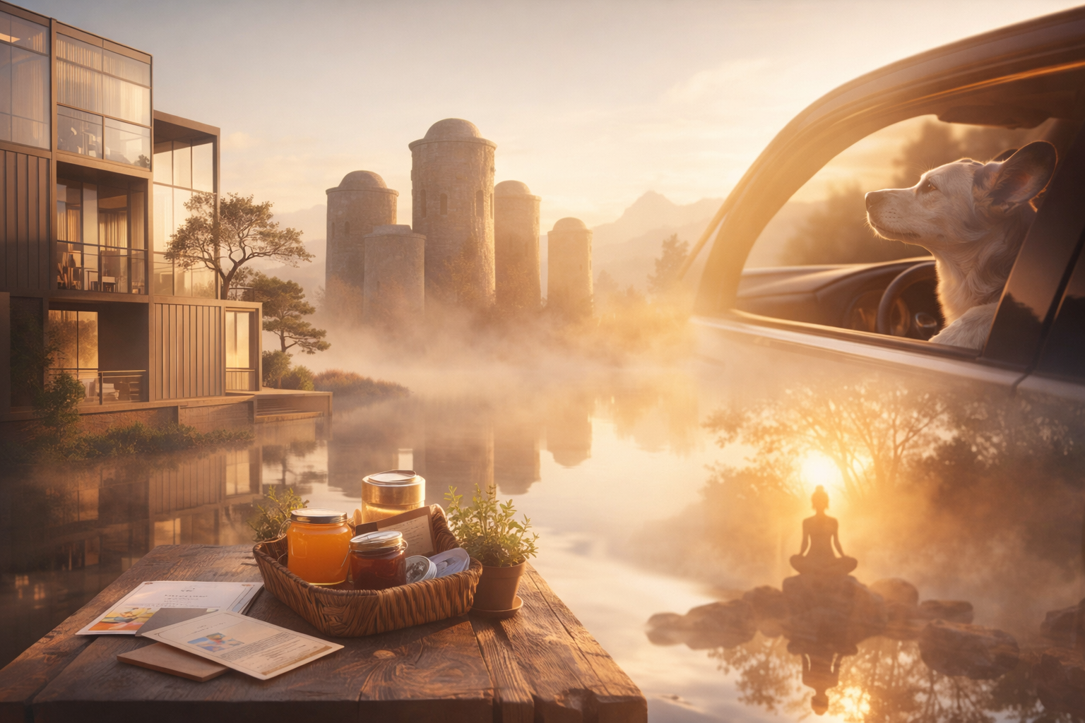 Conceptual image showing modern hospitality innovation through architecture, nature, wellness and lifestyle elements, symbolizing new hospitality concepts and experiential design.