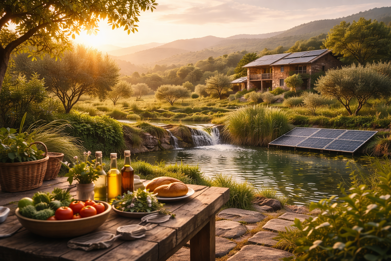 Sustainable hospitality concept showing a countryside setting with renewable energy, water resources and local food, symbolizing responsible tourism and eco-friendly hotel operations.