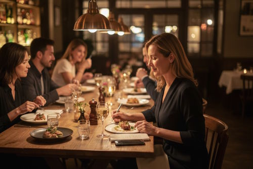 A modern communal dining table in a restaurant with several guests, illustrating a shared seating strategy for solo diners and social atmosphere.