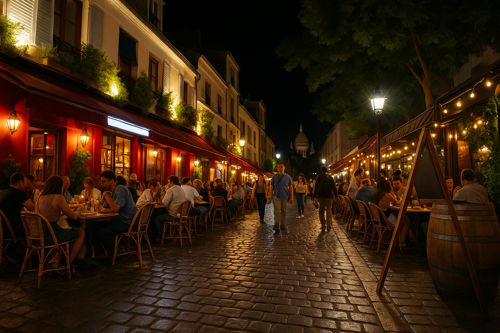 Evening view of a European cobblestone street lined with lively outdoor restaurant seating, warm lights, mature trees, and pedestrians enjoying a relaxed dining atmosphere.
