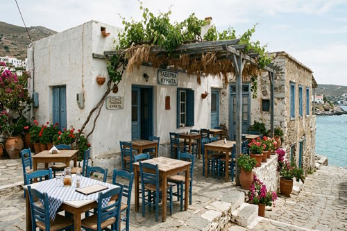 Coastal restaurant with outdoor terrace and sea view in Greece