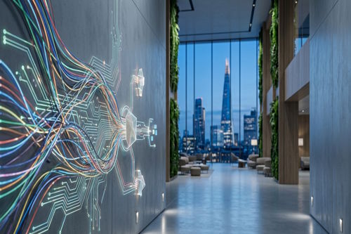 digital data flow visualization on hotel wall with futuristic hospitality interior and city skyline view