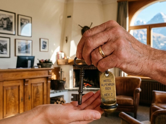 A symbolic handover of a traditional, historical brass key between an older hand and a younger hand, captured in a warmly lit, refined European alpine family hotel lobby.