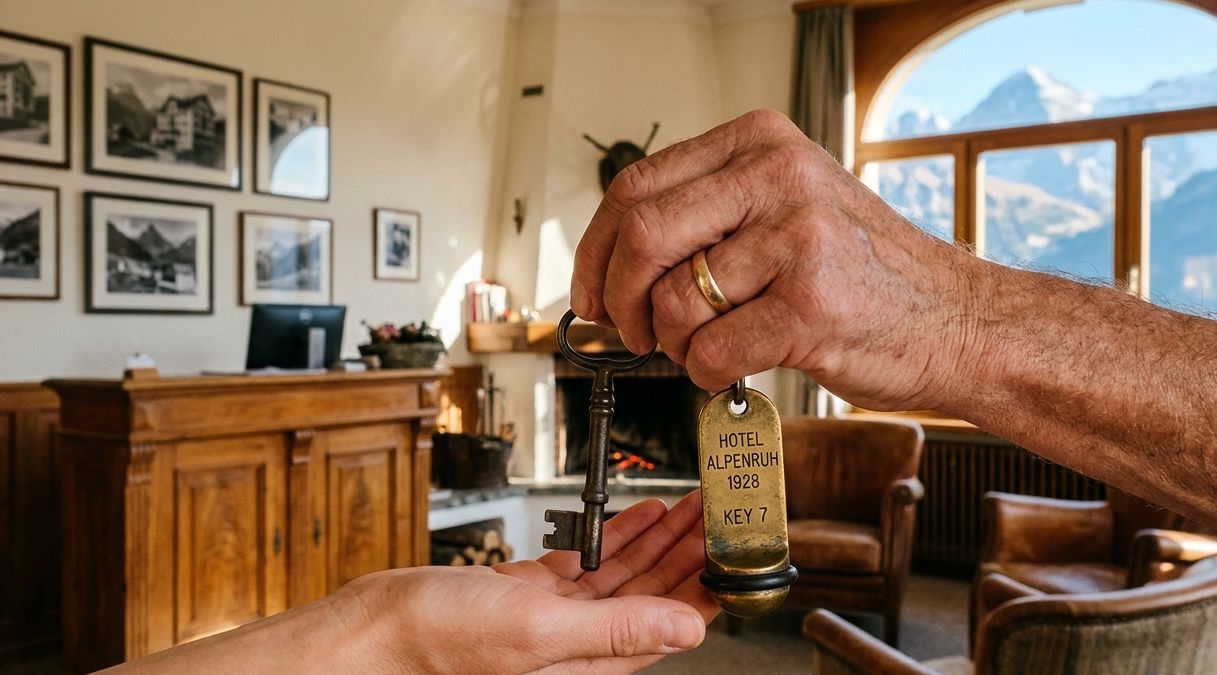 A symbolic handover of a traditional, historical brass key between an older hand and a younger hand, captured in a warmly lit, refined European alpine family hotel lobby.