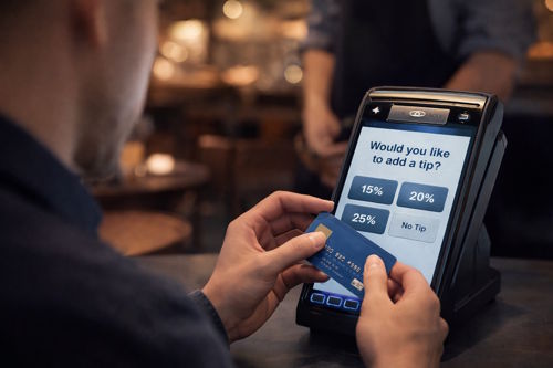 customer holding a credit card at a payment terminal displaying digital tipping options in a hospitality environment