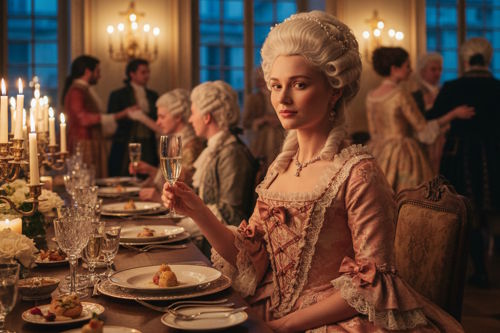 immersive hospitality experience with baroque costumes and candlelit dining scene
