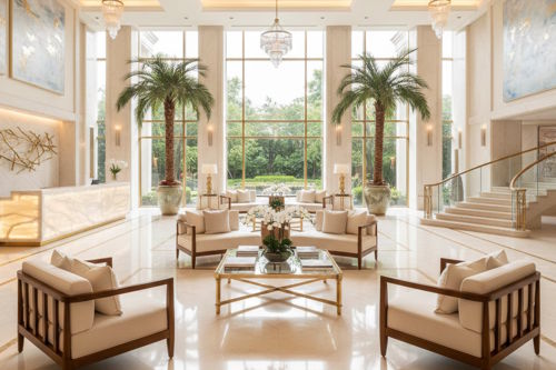 Luxury hospitality hotel lobby with marble, chandeliers and symmetrical design representing the standardisation of five-star concepts