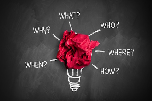 hospitality branding concept showing crumpled red paper lightbulb with questions about brand identity and strategy