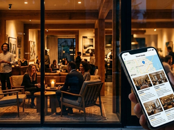 Guest using a smartphone to browse hospitality listings while standing outside a modern hotel lounge