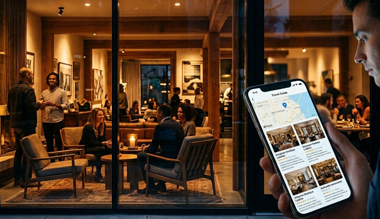 Guest using a smartphone to browse hospitality listings while standing outside a modern hotel lounge