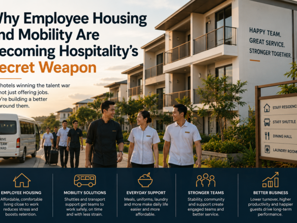 Hotel employees walking between staff accommodation and workplace, illustrating employee housing and workforce mobility in hospitality