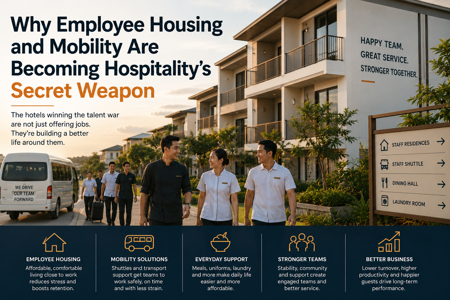 Hotel employees walking between staff accommodation and workplace, illustrating employee housing and workforce mobility in hospitality