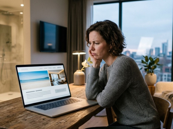 Woman reviewing a hotel website on a laptop in a modern hotel room, reflecting changing hospitality marketing trends and guest expectations.
