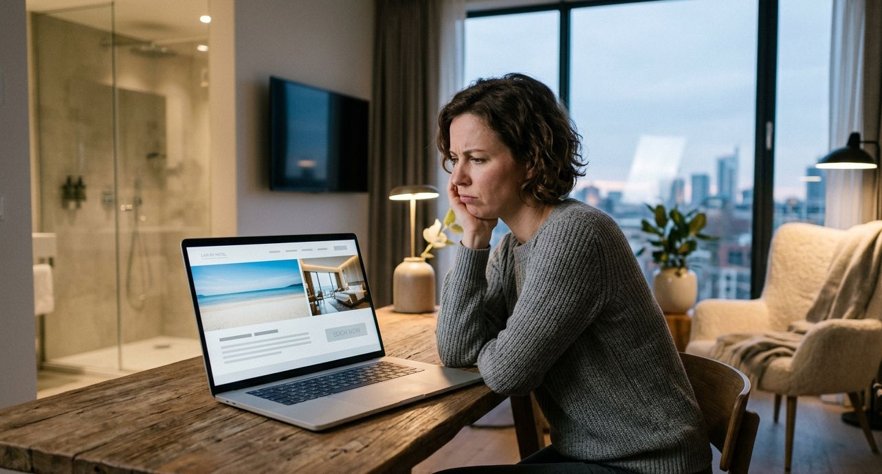 Woman reviewing a hotel website on a laptop in a modern hotel room, reflecting changing hospitality marketing trends and guest expectations.