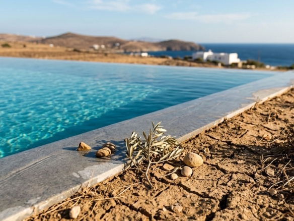 Infinity pool beside dry cracked ground symbolizing water scarcity and sustainability challenges in hospitality.