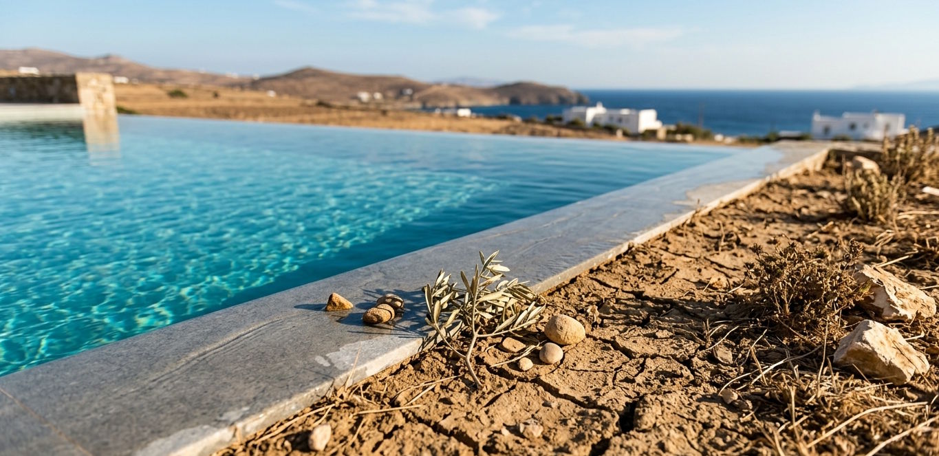 Infinity pool beside dry cracked ground symbolizing water scarcity and sustainability challenges in hospitality.