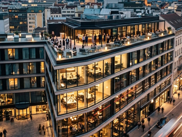 Modern mixed-use hospitality building with rooftop lounge, restaurants and urban city atmosphere representing hybrid hospitality concepts and vertical village development.