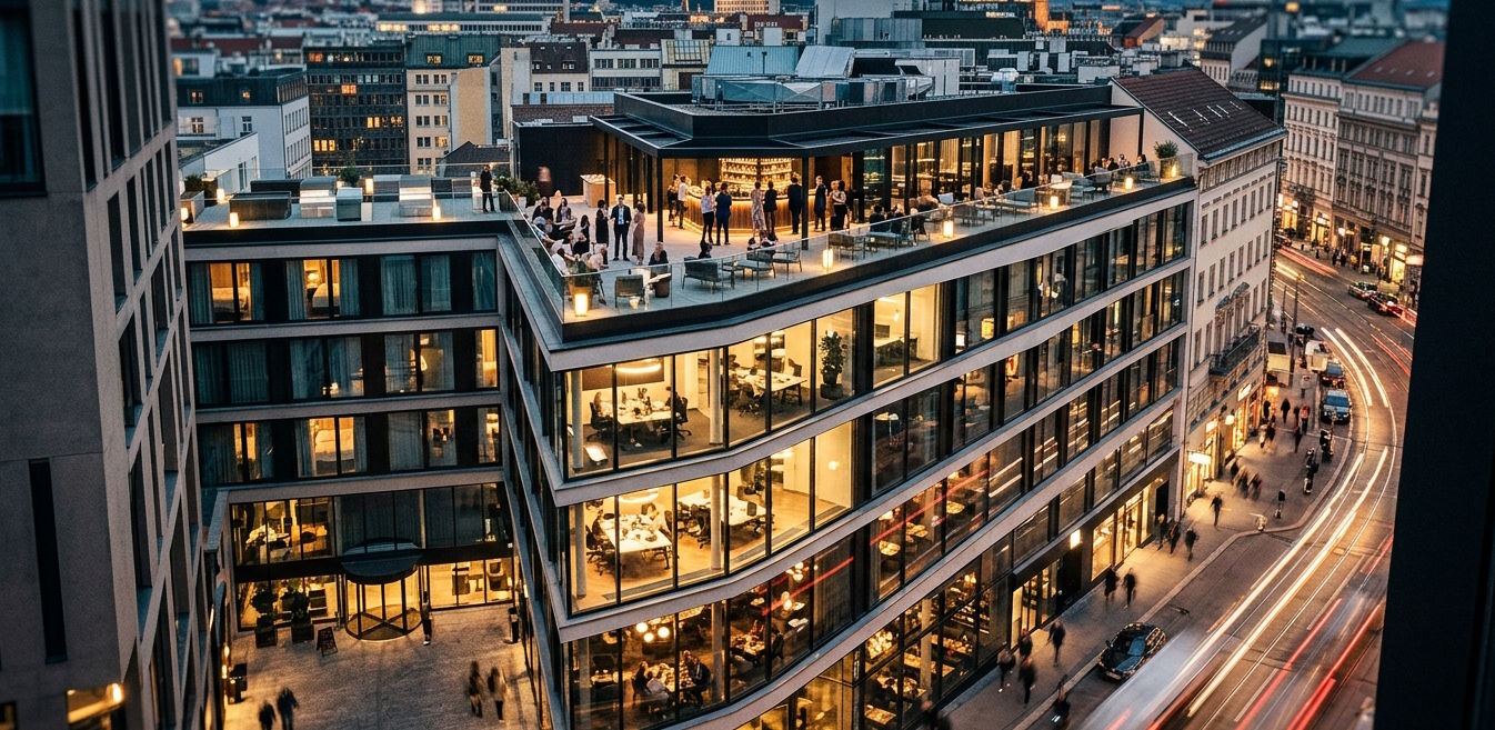 Modern mixed-use hospitality building with rooftop lounge, restaurants and urban city atmosphere representing hybrid hospitality concepts and vertical village development.