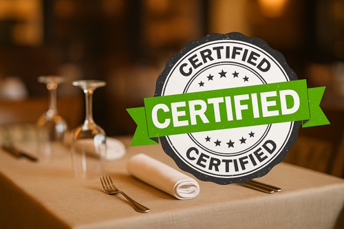 Certified hospitality seal displayed in a restaurant setting representing trust signals, hotel certifications and digital hospitality visibility