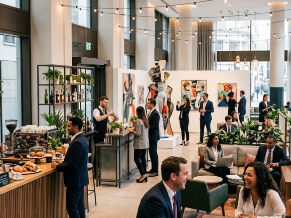 Modern hotel lobby transformed into a vibrant multi-use hospitality space with pop-up café concepts, social seating areas and guests interacting in a lively urban hotel environment.