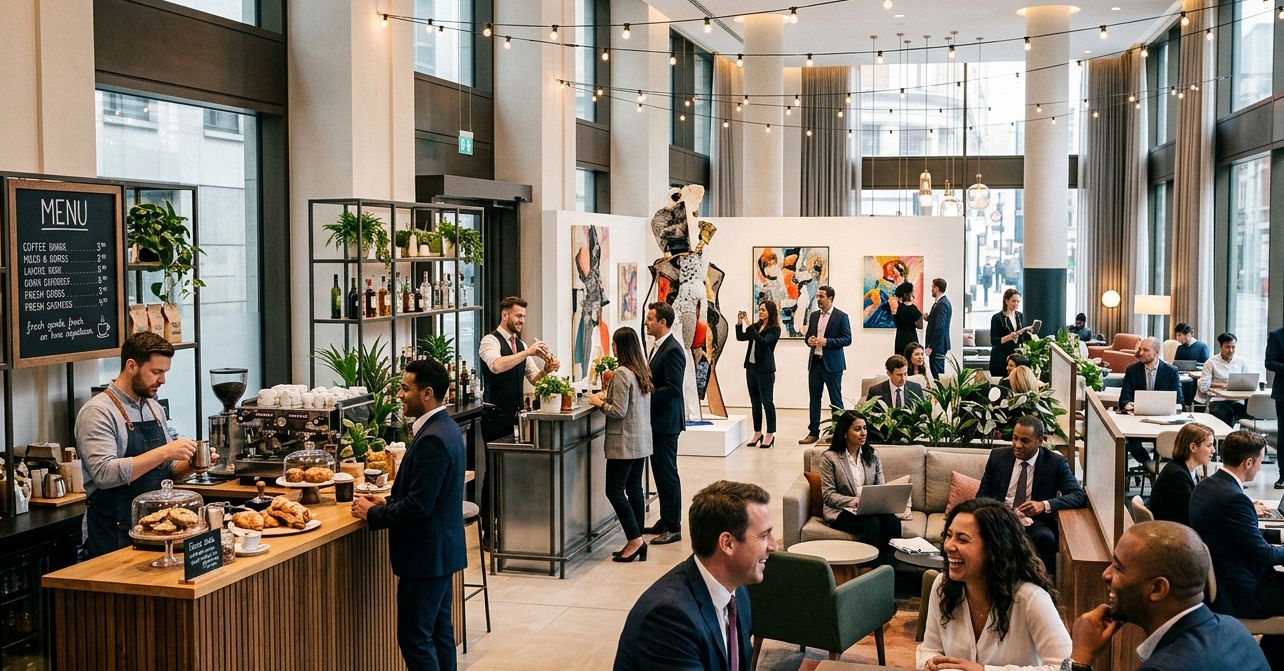 Modern hotel lobby transformed into a vibrant multi-use hospitality space with pop-up café concepts, social seating areas and guests interacting in a lively urban hotel environment.