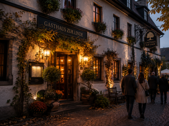 Traditional hospitality business with guests arriving at a family-run restaurant
