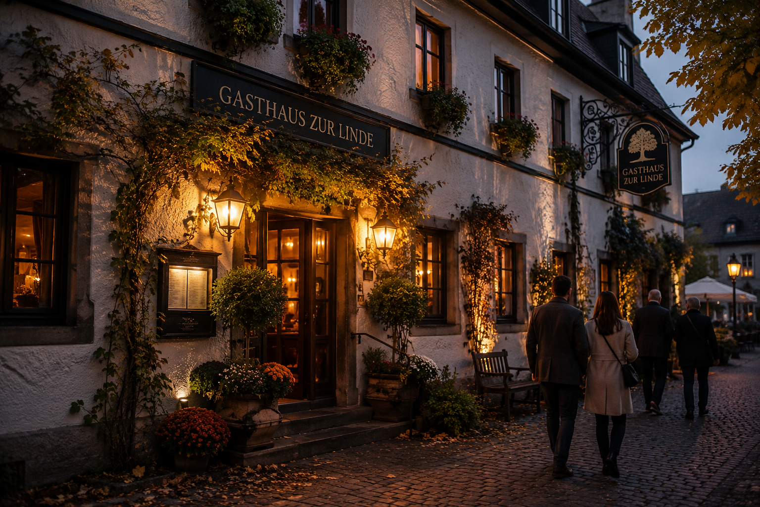 Traditional hospitality business with guests arriving at a family-run restaurant