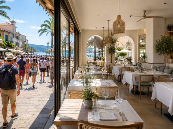 Busy tourist promenade outside and mostly empty restaurant inside, illustrating changing tourism spending patterns in hospitality.
