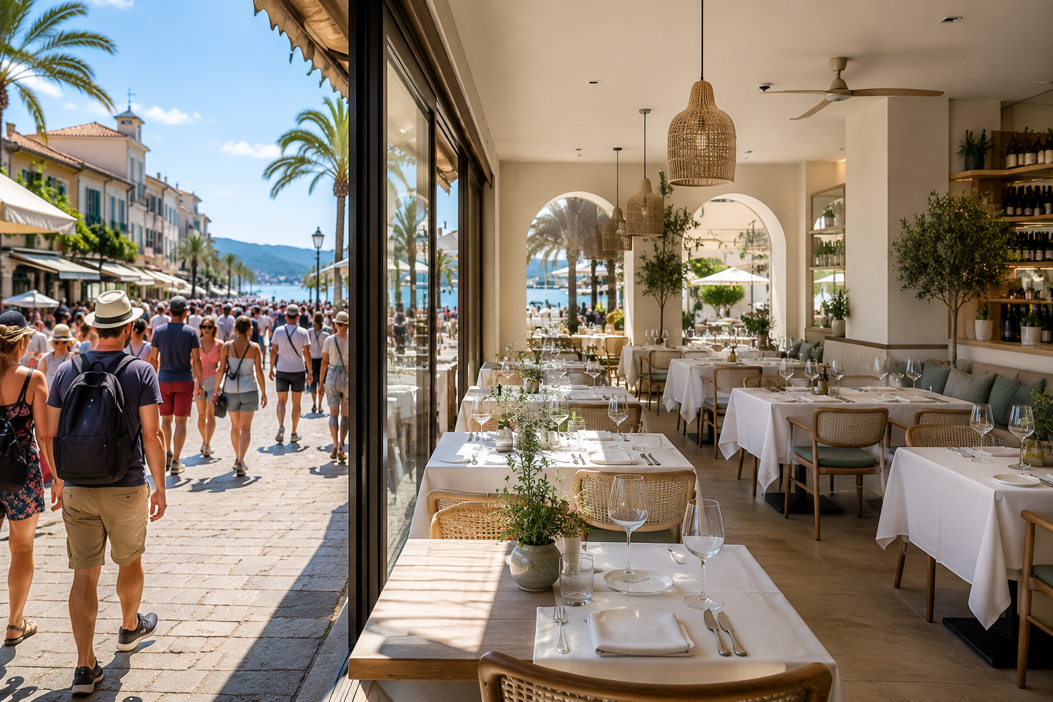Busy tourist promenade outside and mostly empty restaurant inside, illustrating changing tourism spending patterns in hospitality.