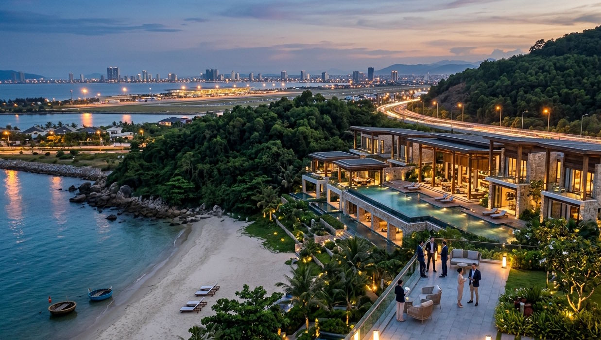 Luxury hospitality resort overlooking Vietnam's coastline, illustrating tourism infrastructure and hospitality investment opportunities.