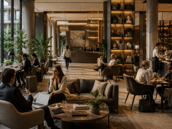 Modern hotel lobby illustrating future hotel business models beyond traditional room revenue