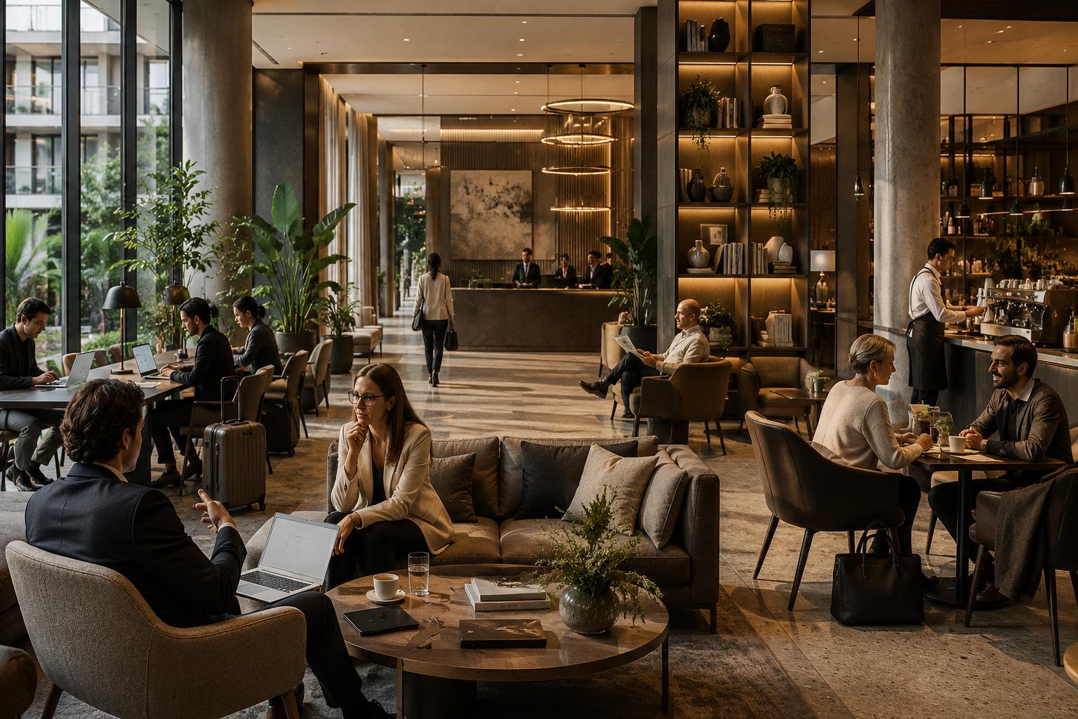 Modern hotel lobby illustrating future hotel business models beyond traditional room revenue