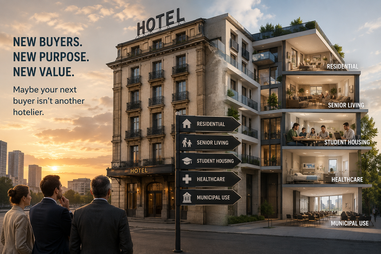 Hotel building representing adaptive reuse and alternative investment opportunities in hospitality real estate