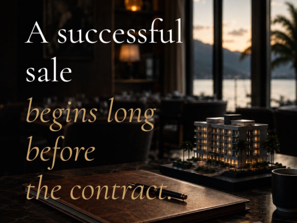 Illustrative AI-generated image of a hotel architectural model, business documents, and a luxury hospitality setting, symbolising strategic planning, buyer qualification, and due diligence when selling a hospitality business.