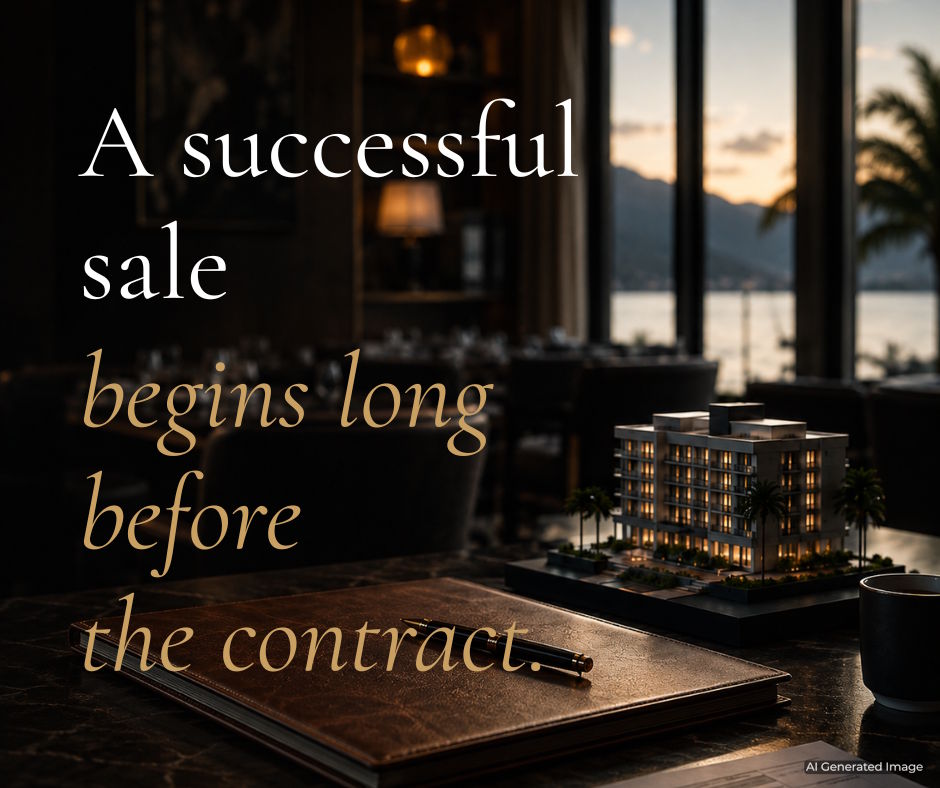 Illustrative AI-generated image of a hotel architectural model, business documents, and a luxury hospitality setting, symbolising strategic planning, buyer qualification, and due diligence when selling a hospitality business.