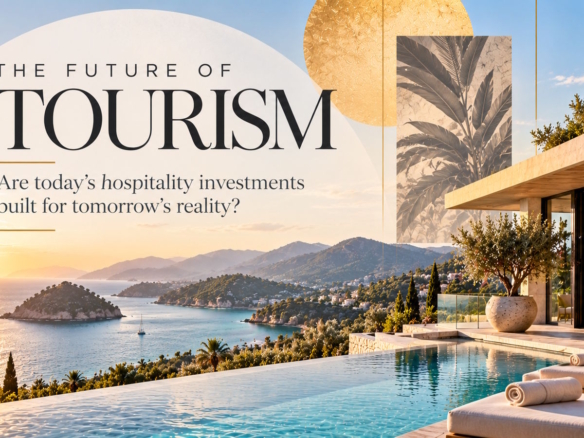 Editorial illustration of a luxury coastal resort at sunrise, exploring the future of tourism and hospitality investment.