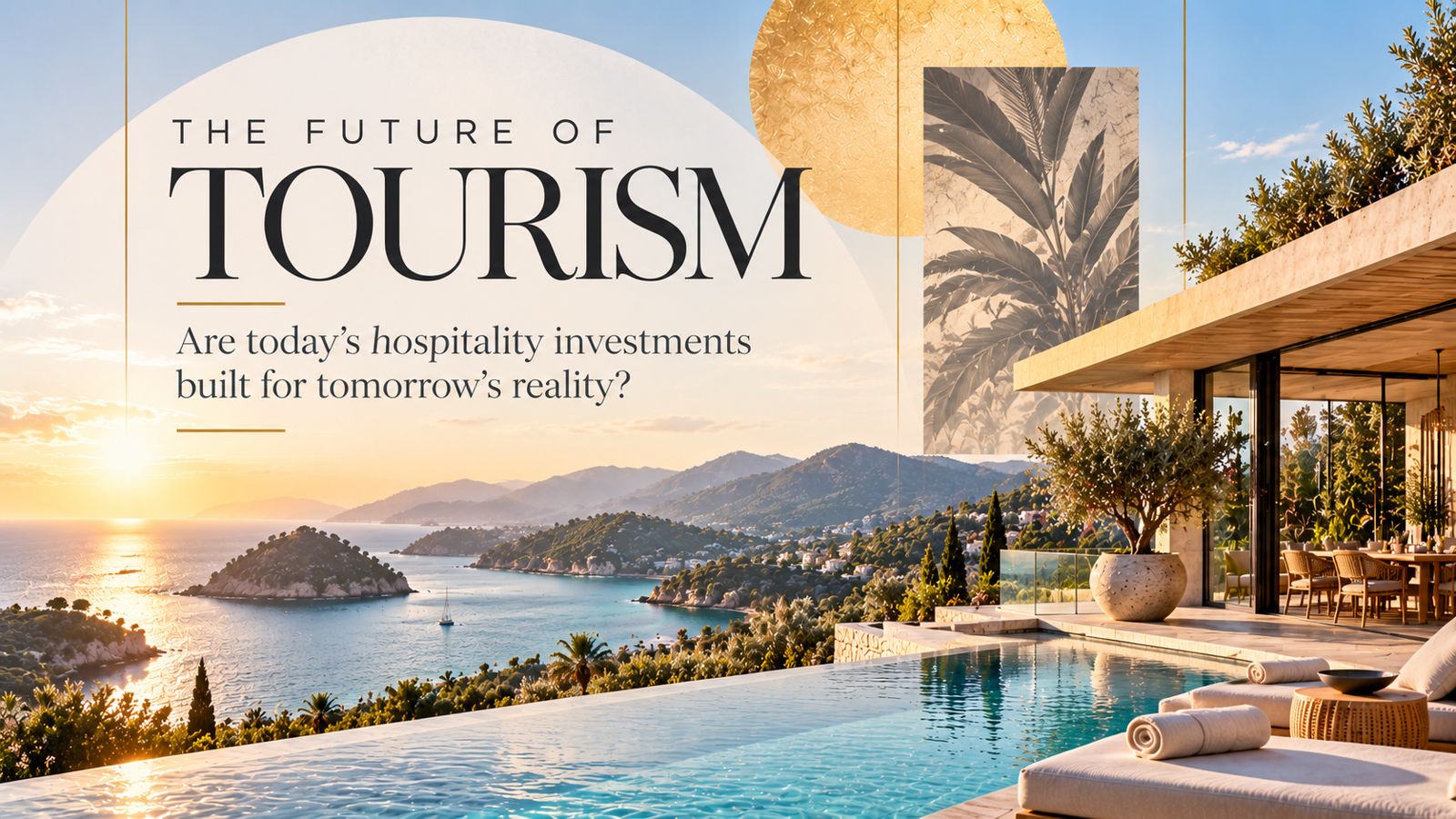 Editorial illustration of a luxury coastal resort at sunrise, exploring the future of tourism and hospitality investment.