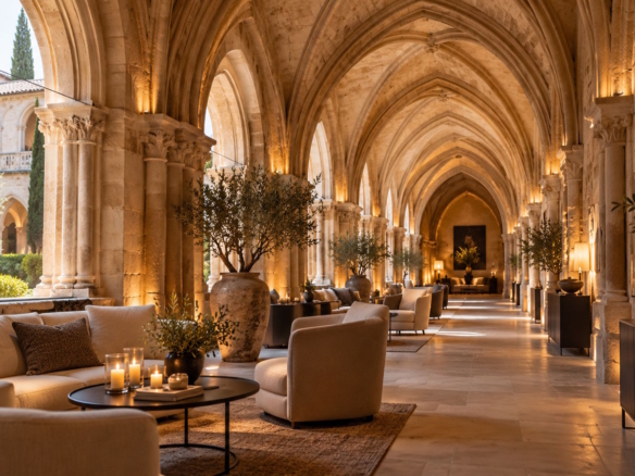 Historic monastery cloister transformed into an elegant boutique hotel lounge with Gothic arches and contemporary furnishings