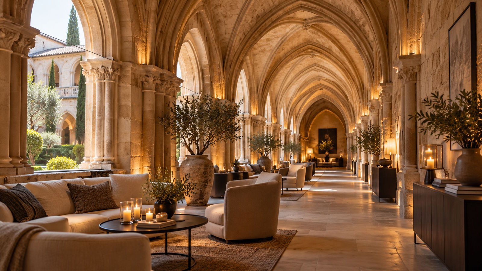Historic monastery cloister transformed into an elegant boutique hotel lounge with Gothic arches and contemporary furnishings