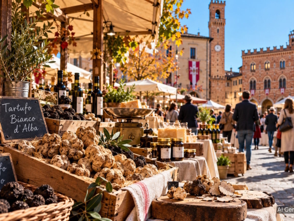 Italian truffle market with white and black truffles, regional food stalls, and visitors in a historic town square.