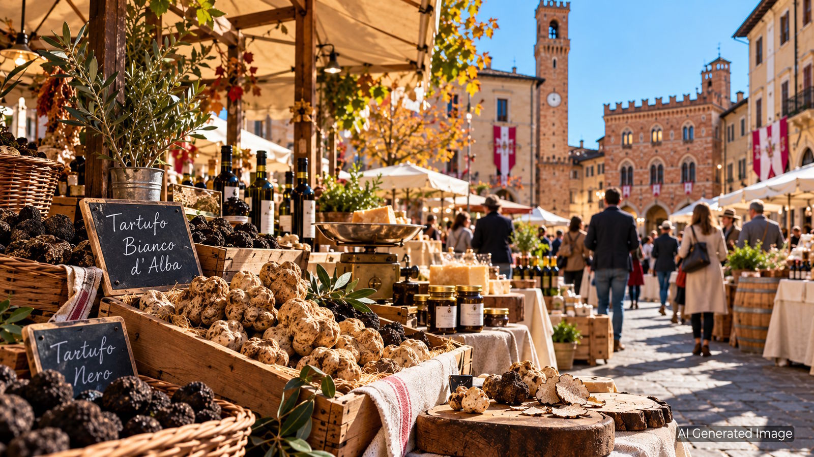 Italian truffle market with white and black truffles, regional food stalls, and visitors in a historic town square.