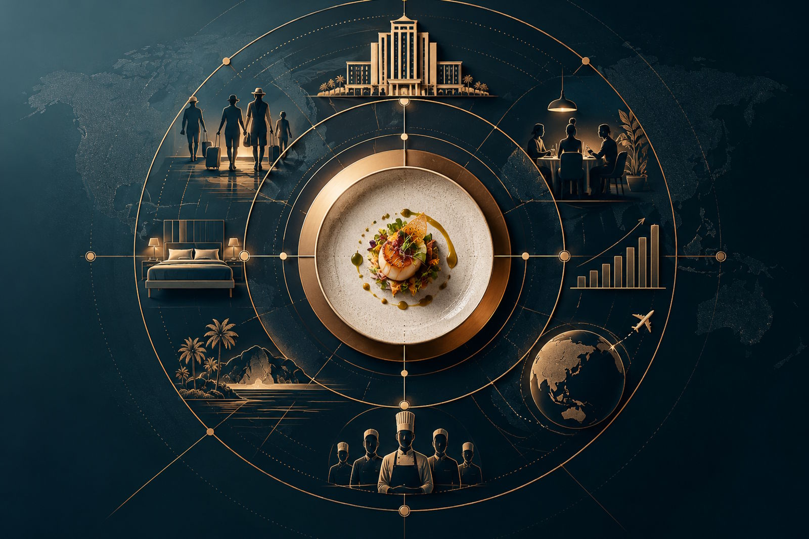 Conceptual illustration of hotel culinary identity, with a central dining plate connected to hotel operations, guests, chefs and business strategy.