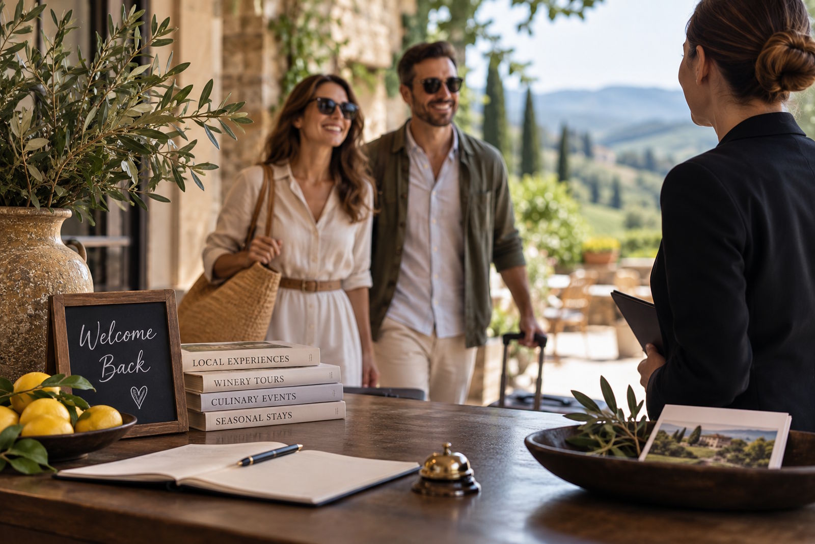 Returning guests being welcomed at the reception of a boutique hotel.